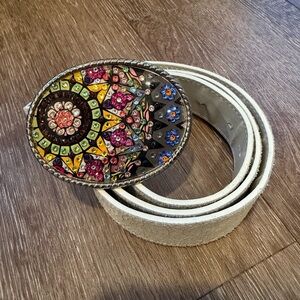 White Leather Belt Mosaic Rhinestone Bling Buckle Size 36 Large